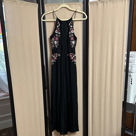 Floral Embroidered Black Silk jumpsuit - Picture 1 of 5